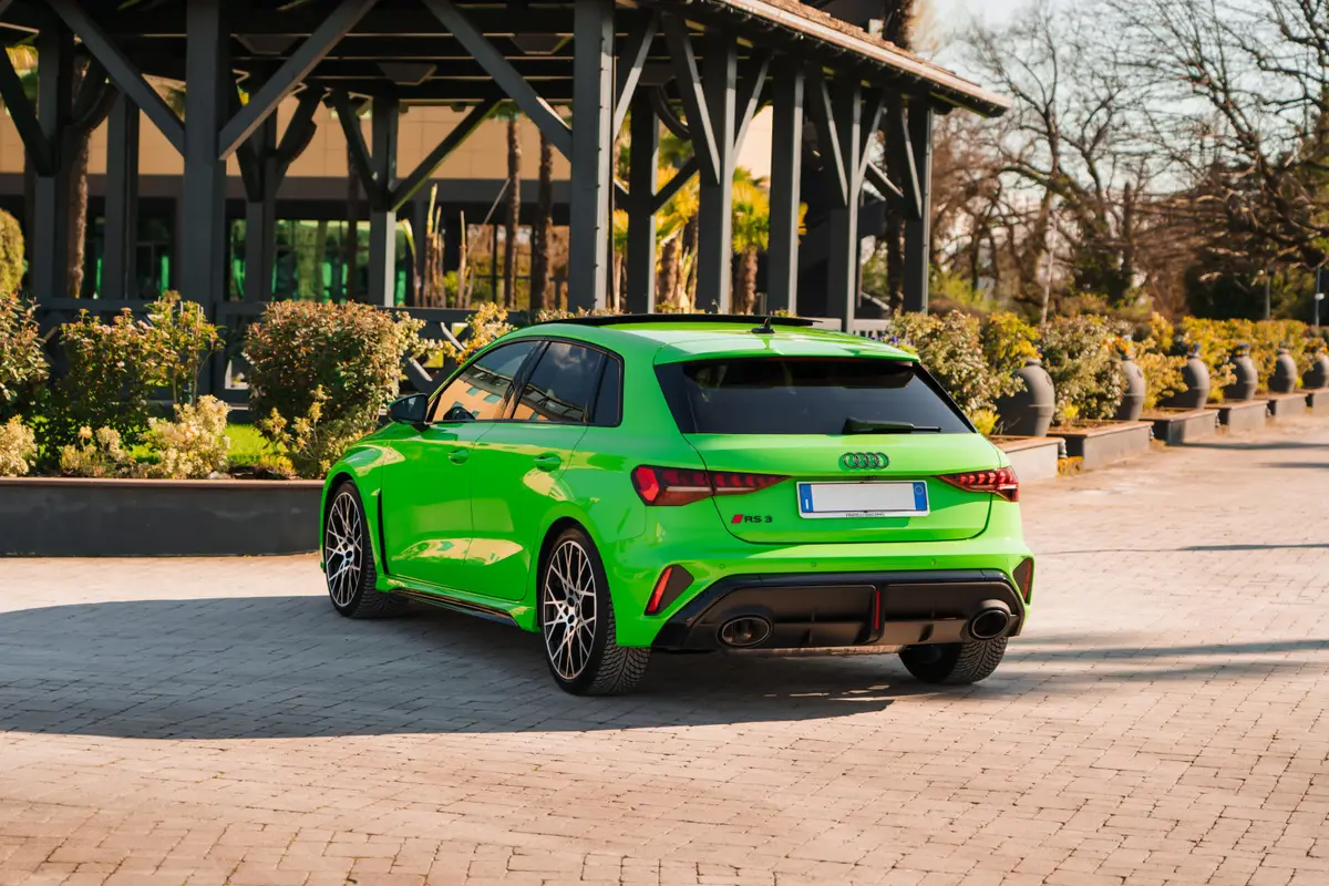 Audi RS3 Restyling 2025, exterior — Cannes Lux Car Rental, Cannes. Audi RS3 Restyling in Cannes Audi RS3 Restyling hire in Cannes secures a 2025 sport model…