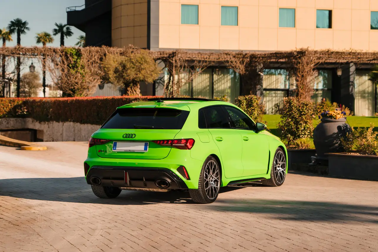 Audi RS3 Restyling 2025, rear view — Cannes Lux Car Rental, Cannes. Audi RS3 Restyling in Cannes Audi RS3 Restyling hire in Cannes secures a 2025 sport model…