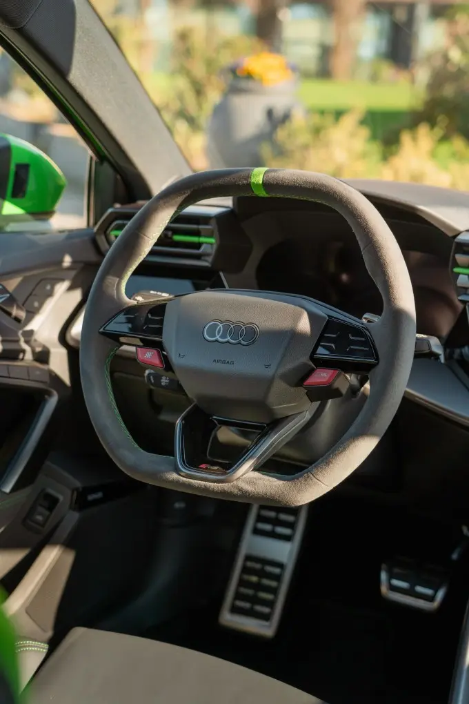 Audi RS3 Restyling 2025, interior — Cannes Lux Car Rental, Cannes. Audi RS3 Restyling in Cannes Audi RS3 Restyling hire in Cannes secures a 2025 sport model…