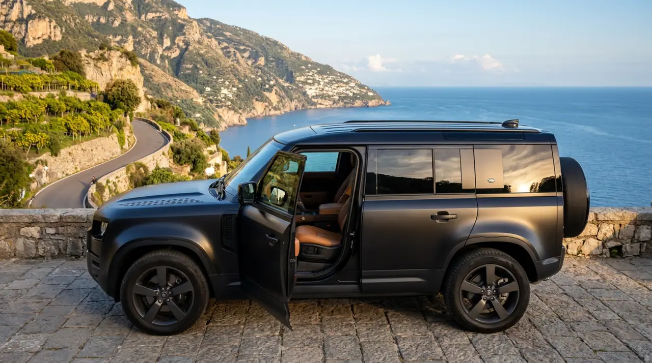 Land Rover Defender 2024, interior — Cannes Lux Car Rental, Cannes. Land Rover Defender in Cannes Land Rover Defender hire in Cannes secures a 2024 SUV…