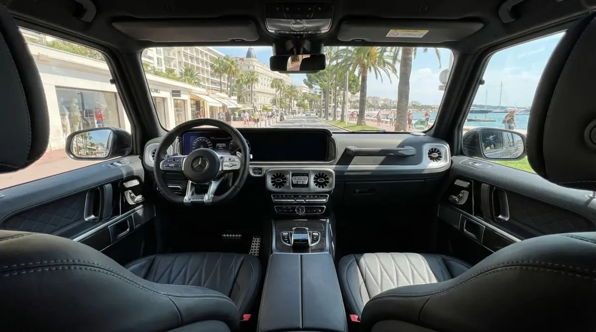 Mercedes Benz G63 2023, interior — Cannes Lux Car Rental, Cannes. Mercedes Benz G63 in Cannes Mercedes Benz G63 rental in Cannes provides access to a 2023…