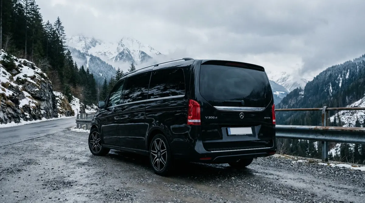 Mercedes Benz V300 8 seats 2025, front view — Cannes Lux Car Rental, Cannes. Mercedes Benz V300 8 seats in Cannes Mercedes Benz V300 8 seats hire in Cannes provides a…