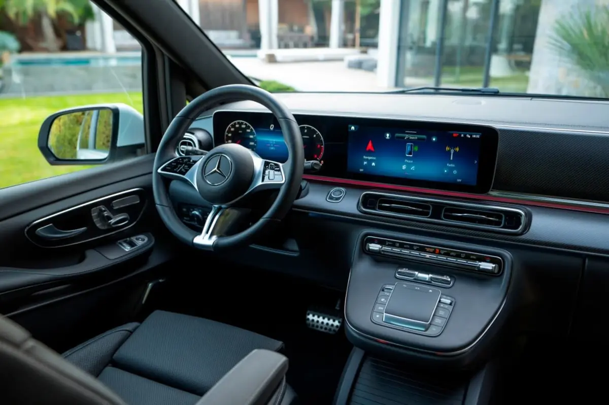 Mercedes Benz V300 8 seats 2025, dashboard — Cannes Lux Car Rental, Cannes. Mercedes Benz V300 8 seats in Cannes Mercedes Benz V300 8 seats hire in Cannes provides a…