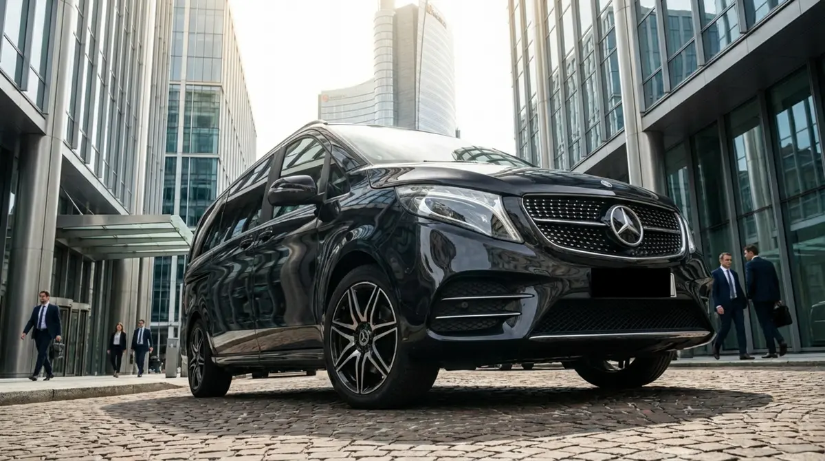 Mercedes V Class 2026, exterior — Cannes Lux Car Rental, Cannes. Mercedes Benz V Class in Cannes Mercedes Benz V Class hire in Cannes provides access to a…