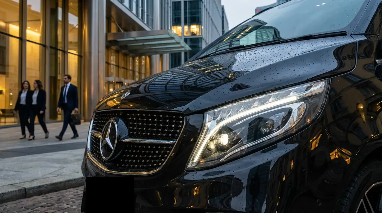Mercedes V Class 2026, front view — Cannes Lux Car Rental, Cannes. Mercedes Benz V Class in Cannes Mercedes Benz V Class hire in Cannes provides access to a…