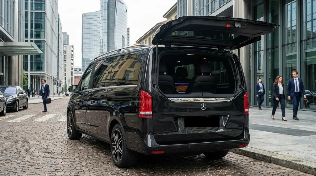 Mercedes V Class 2026, rear view — Cannes Lux Car Rental, Cannes. Mercedes Benz V Class in Cannes Mercedes Benz V Class hire in Cannes provides access to a…