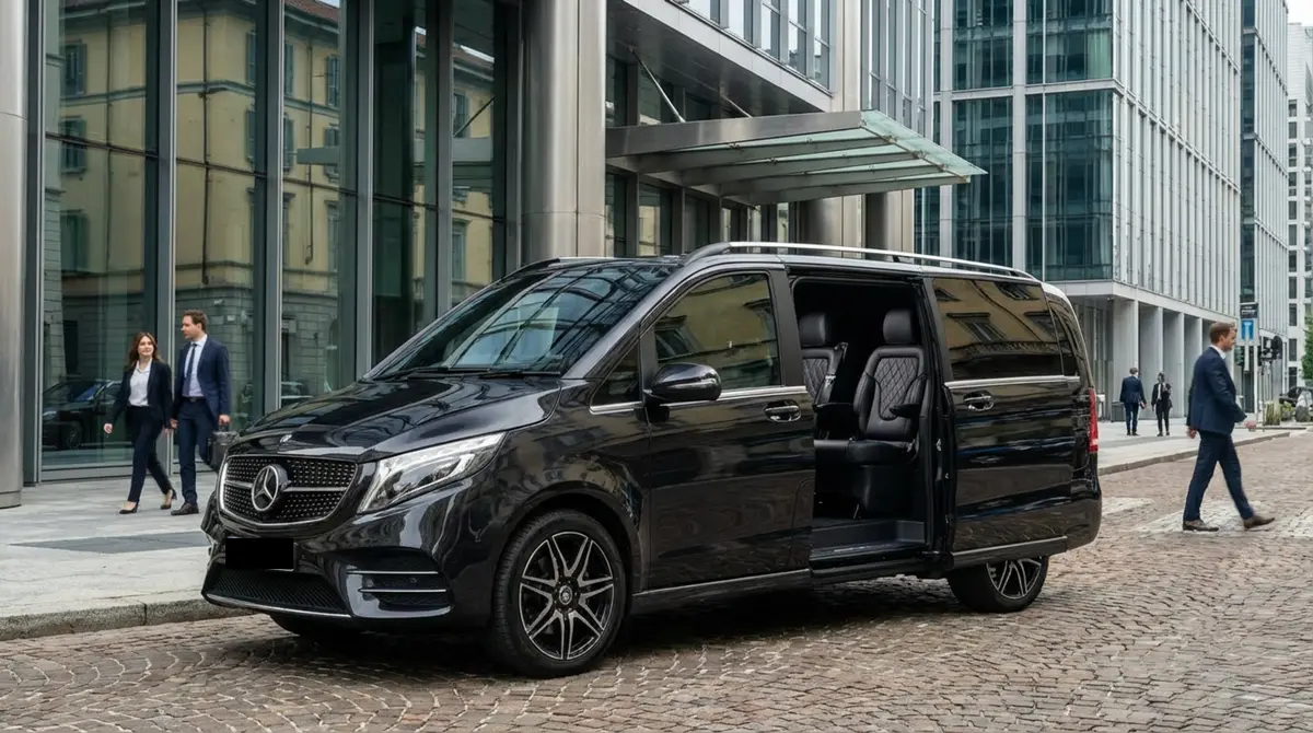 Mercedes V Class 2026, interior — Cannes Lux Car Rental, Cannes. Mercedes Benz V Class in Cannes Mercedes Benz V Class hire in Cannes provides access to a…